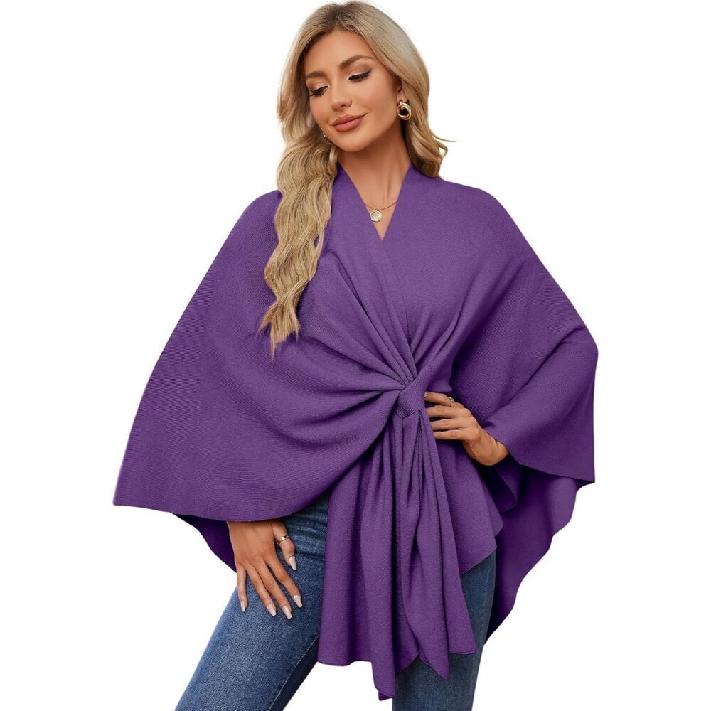 Women's Purple Elegant Open Poncho Sweater For Spring Fall Winter Shawl Wraps
